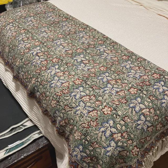 Moss Green Handmade  Floral Throw Blanket, Boho Farmhouse Home Decor