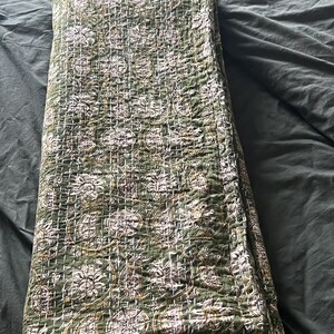 Floral Green Kantha Quilt – Hand Block Print Indian Cotton Bedding (King Size) image 10