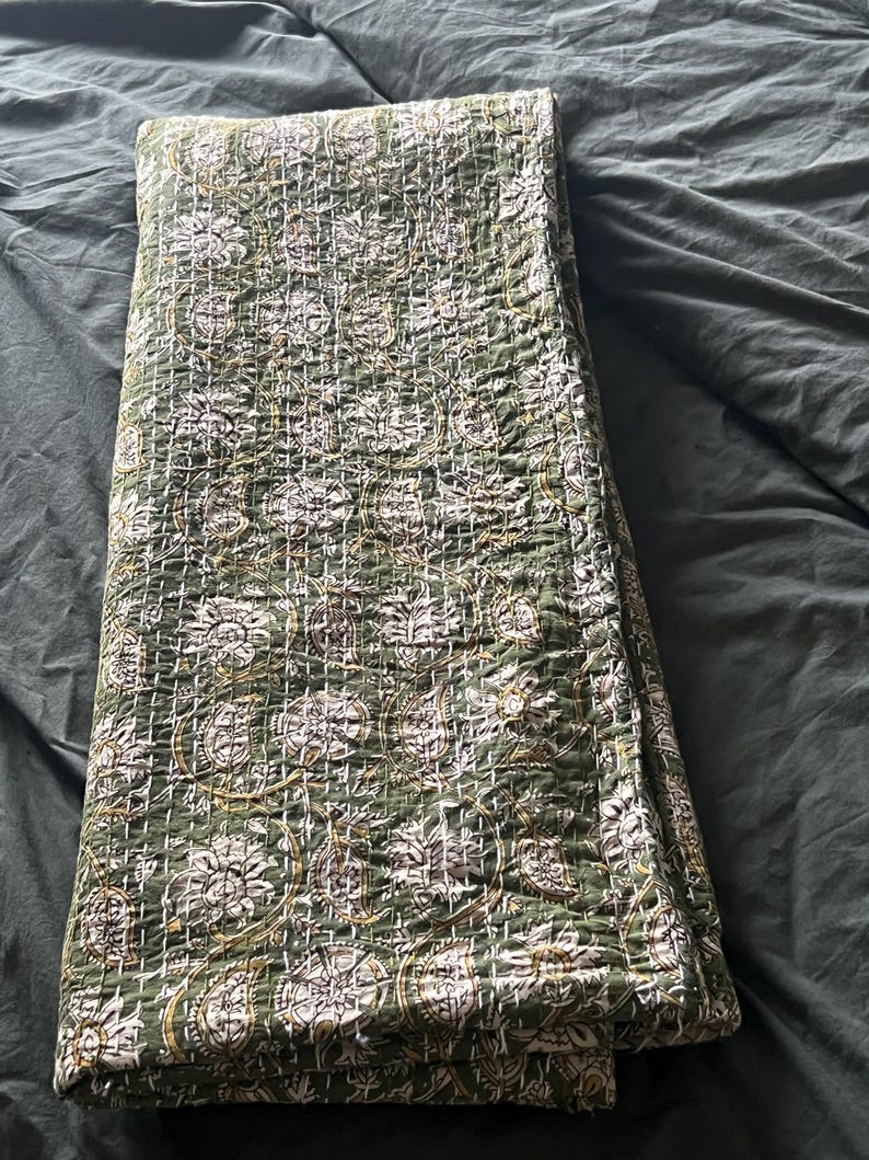 Floral Green Kantha Quilt – Hand Block Print Indian Cotton Bedding (King Size) image 10