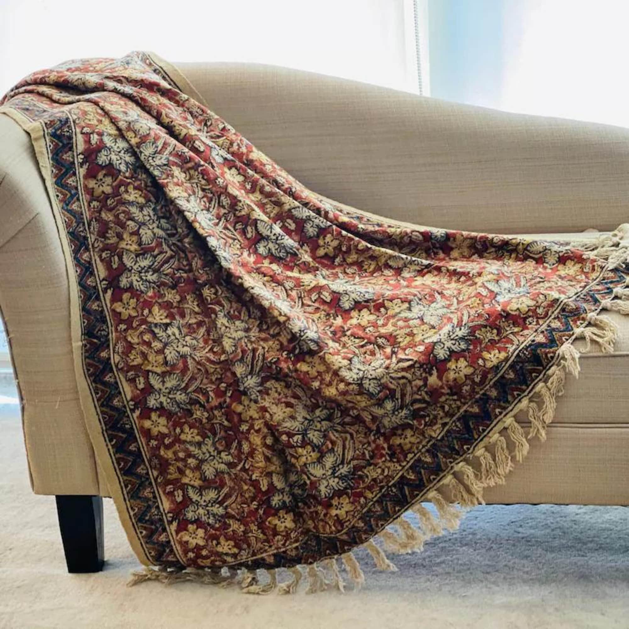 Moss Green Handmade  Floral Throw Blanket, Boho Farmhouse Home Decor