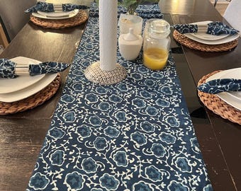 Indigo Blue Floral Table Runner: Hand Block Print Cotton Tablecloth
