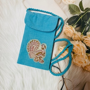 Handmade Cotton Crossbody Cell Phone Pouch: Embroidered Peacock Bag