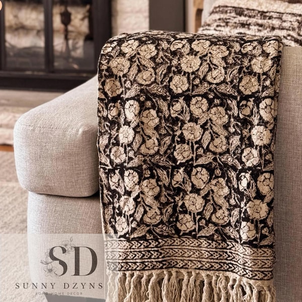 Vintage Black Floral Hand Block Print Cotton Throw Blanket with Tassels – Boho Couch Decor