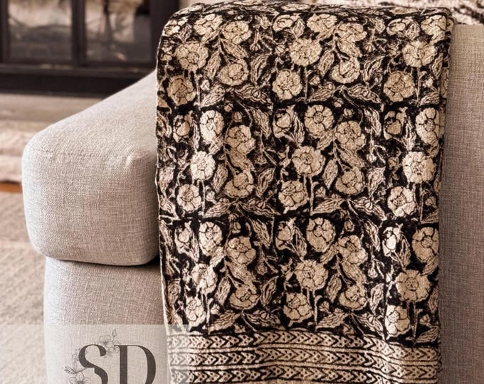Vintage Black Floral Hand Block Print Cotton Throw Blanket with Tassels – Boho Couch Decor