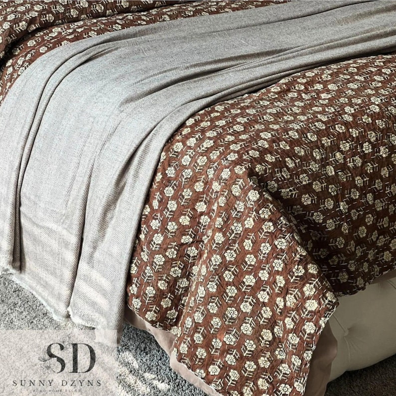 Brown Cotton Bedding Floral Print Cotton Kantha Quilt Throw Blanket: Hand-stitched Boho Home Decor