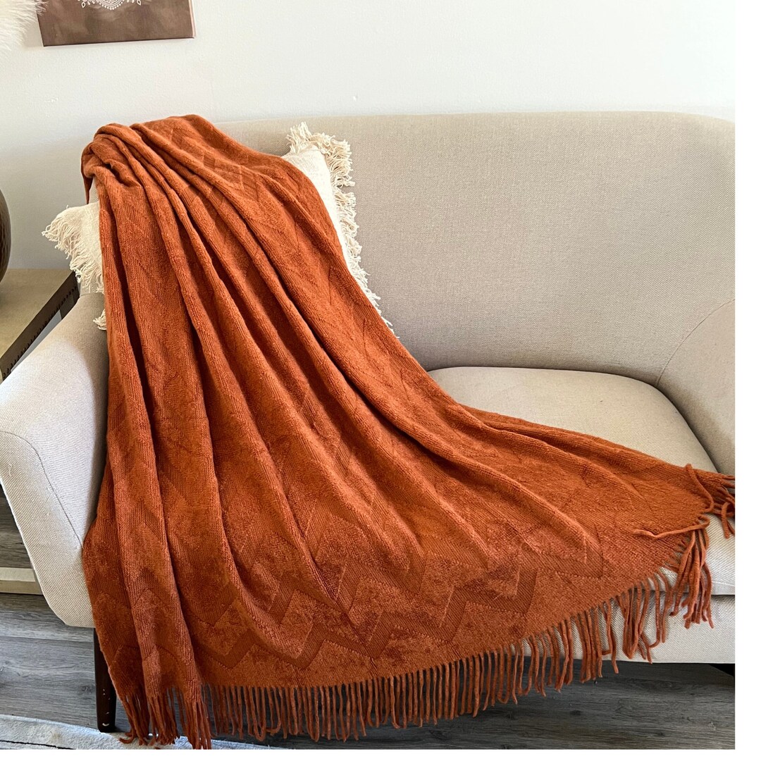 Burnt Orange Throw Blanket Knitted Throw Blanket Rust Throw Etsy