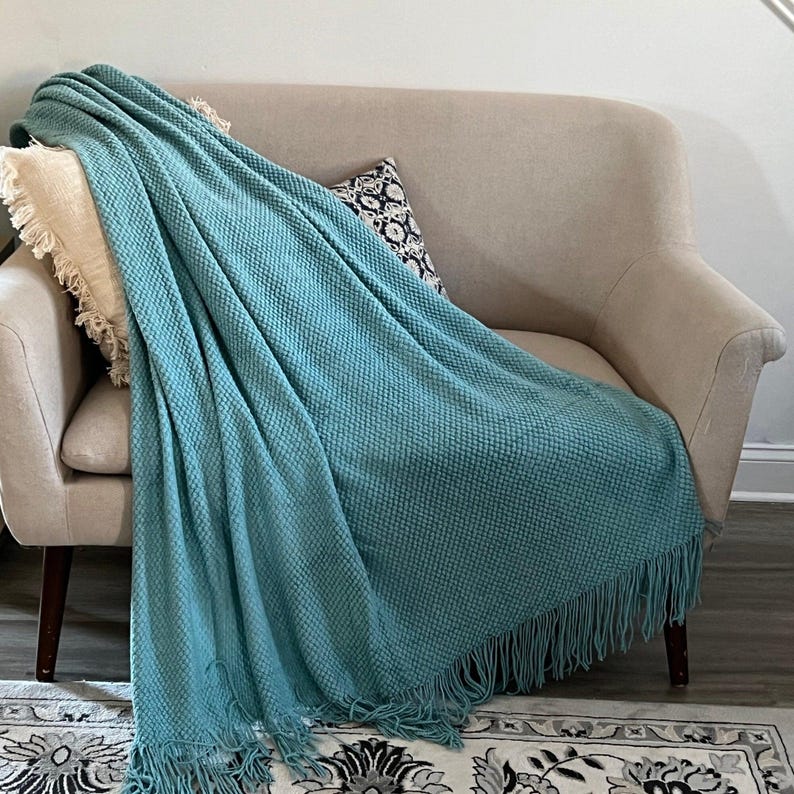 Chunky Knit Throw Blanket with Tassels – Cozy Couch Accent (50"x90") Aqua Blue