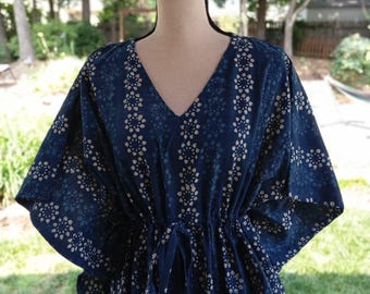 Indigo Blue Cotton Caftan, Floral  Hand Block house dress, lounge wear, beachwear, muumuu, mumu Dress