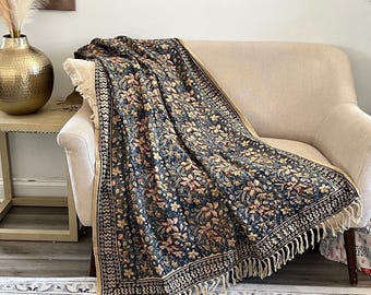 Blue Floral Hand Block Print Cotton Throw Blanket for Home Decor