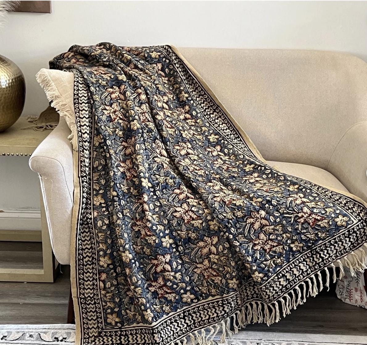 Moss Green Handmade  Floral Throw Blanket, Boho Farmhouse Home Decor