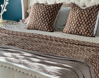 Handmade Cotton Bedding Brown Floral Kantha Block Print Quilt – Boho Cotton Bedding (King/Queen)