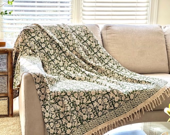 Hand Block Print Cotton Throw Blanket | Green Botanical Floral Sofa Bed Cover