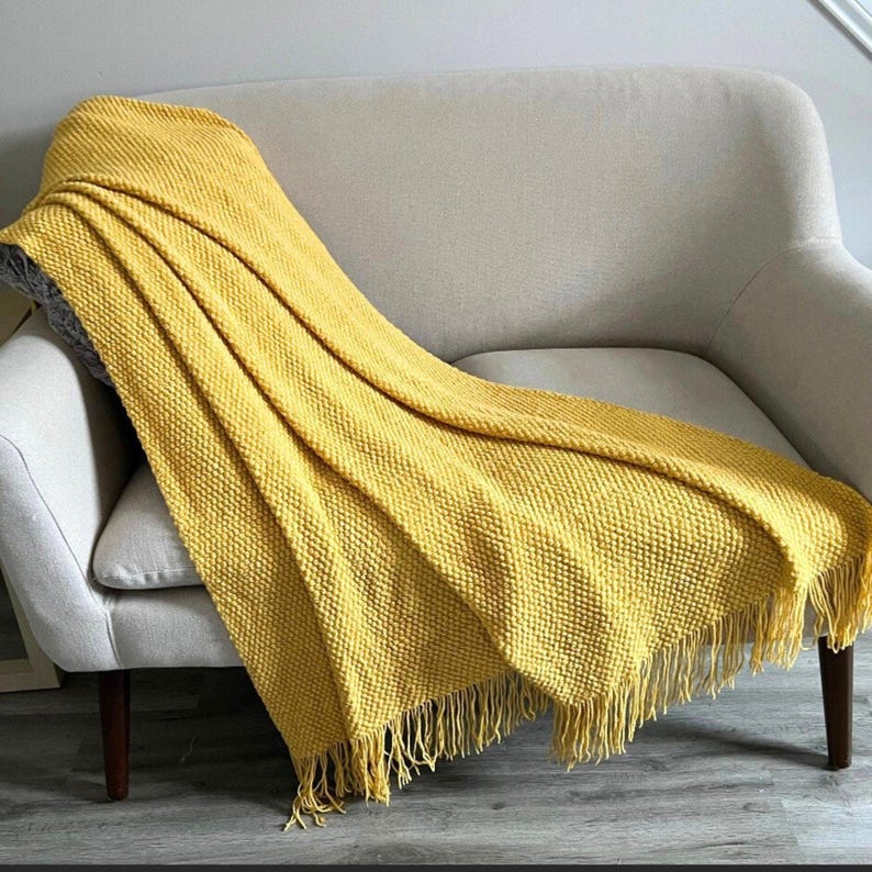Chunky Knit Throw Blanket with Tassels – Cozy Couch Accent (50"x90") Yellow