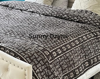 Dark Brown King Size Kantha Quilt – Handmade Cotton Block Print Boho Bedspread