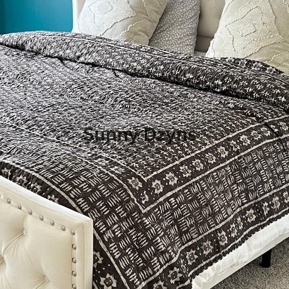 Vintage Block Print Kantha Bedspread, Brown Floral Kantha Throw, Light Kantha Blanket, Handmade Boho Chic Decor for Bedroom, Unique Gift