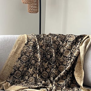 Handmade Floral Block Print Throw Blanket: Couch Boho Tassel Cotton Sofa Decor