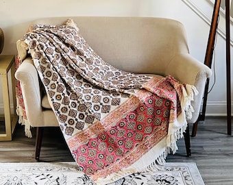 Handmade Pink Block Print Cotton Throw Blanket with Tassels