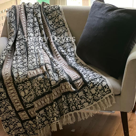 Hand Block Print Cotton Throw Blanket ~ Handmade Cotton Sofa Throw with Fringe ~ Modern Farmhouse Minimalist Bed Blanket ~ Monochrome Decor
