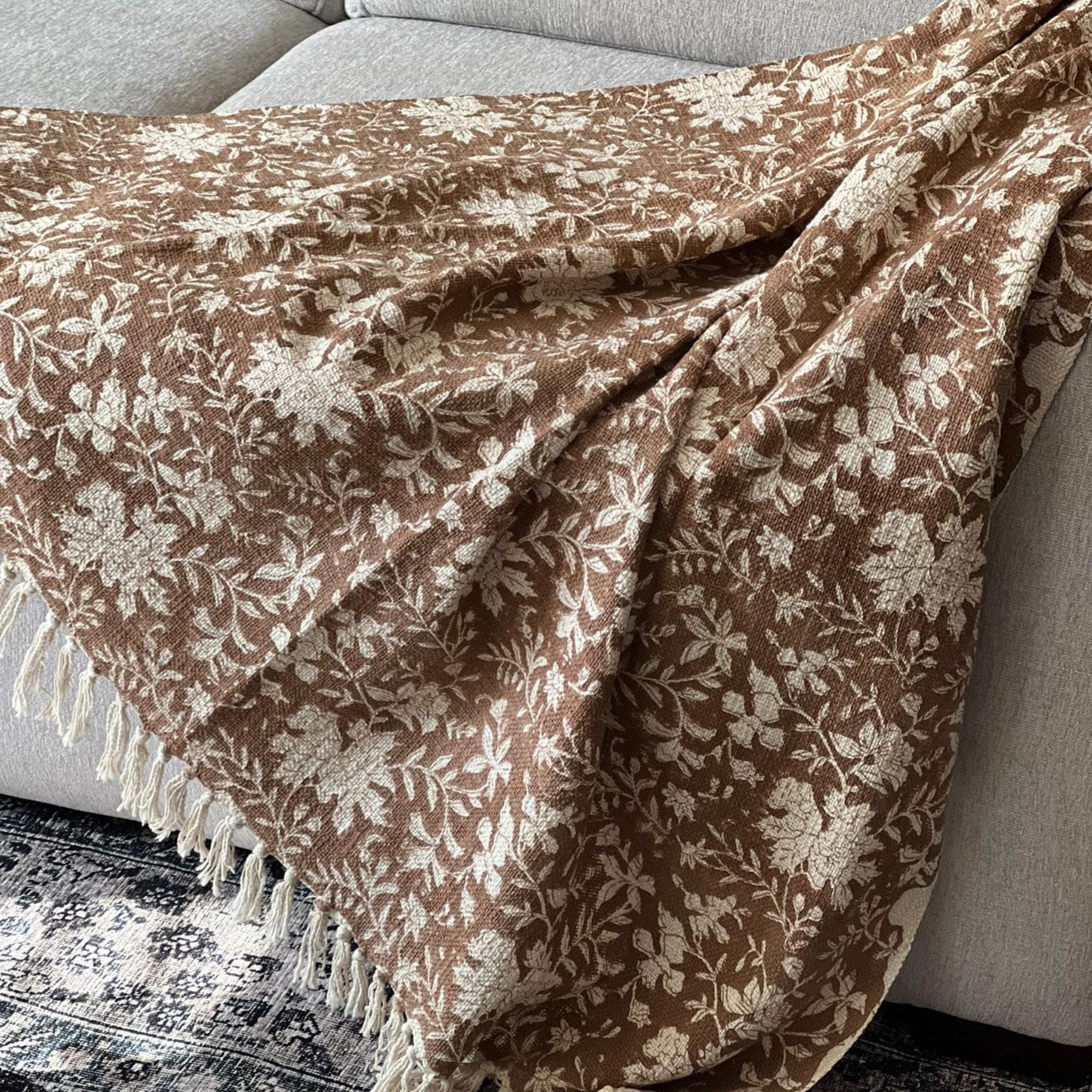 floral throw blanket with tassels Home Decor  Hand block printed handmade throw, Queen/King Size Bed Throw Housewarming gift