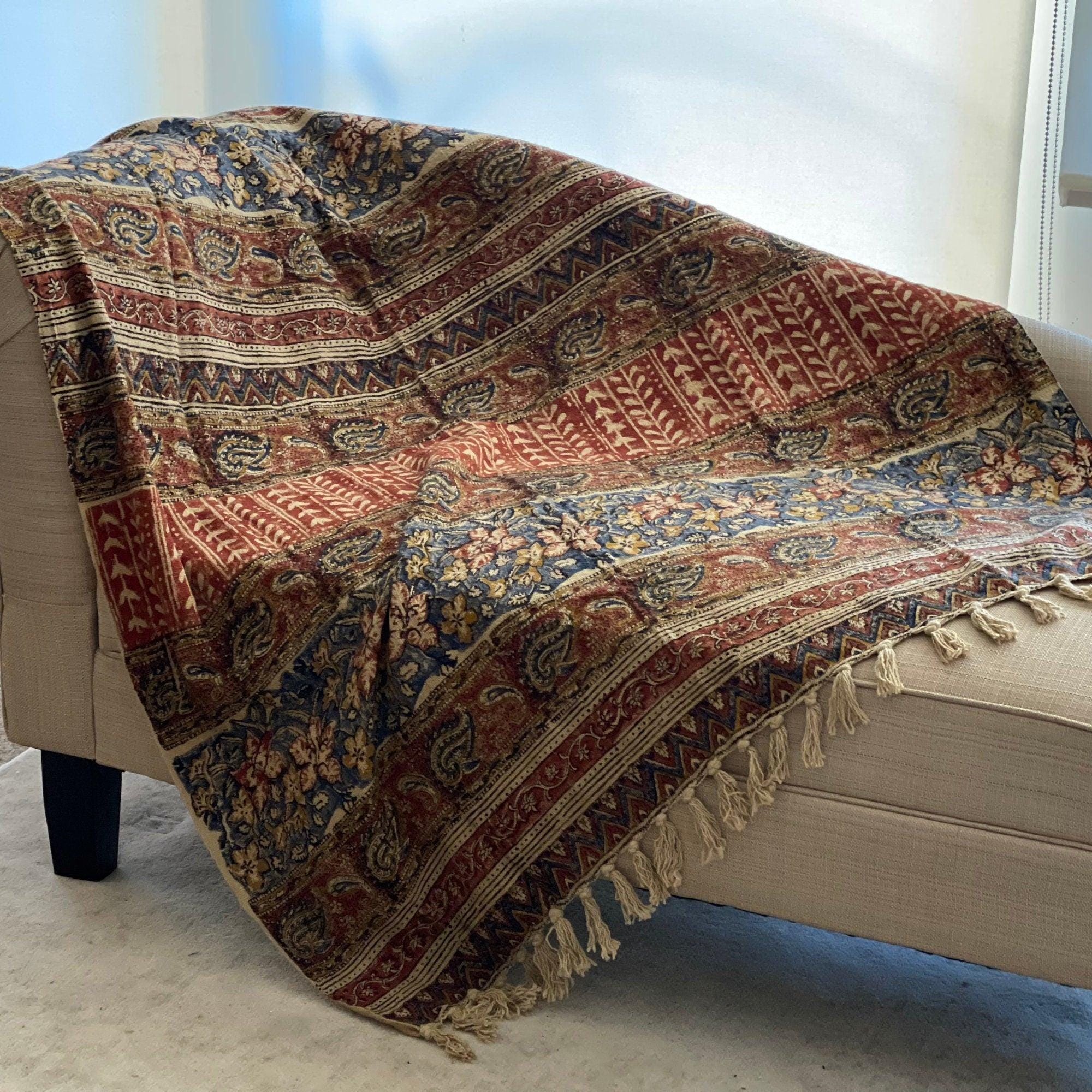 Moss Green Handmade  Floral Throw Blanket, Boho Farmhouse Home Decor