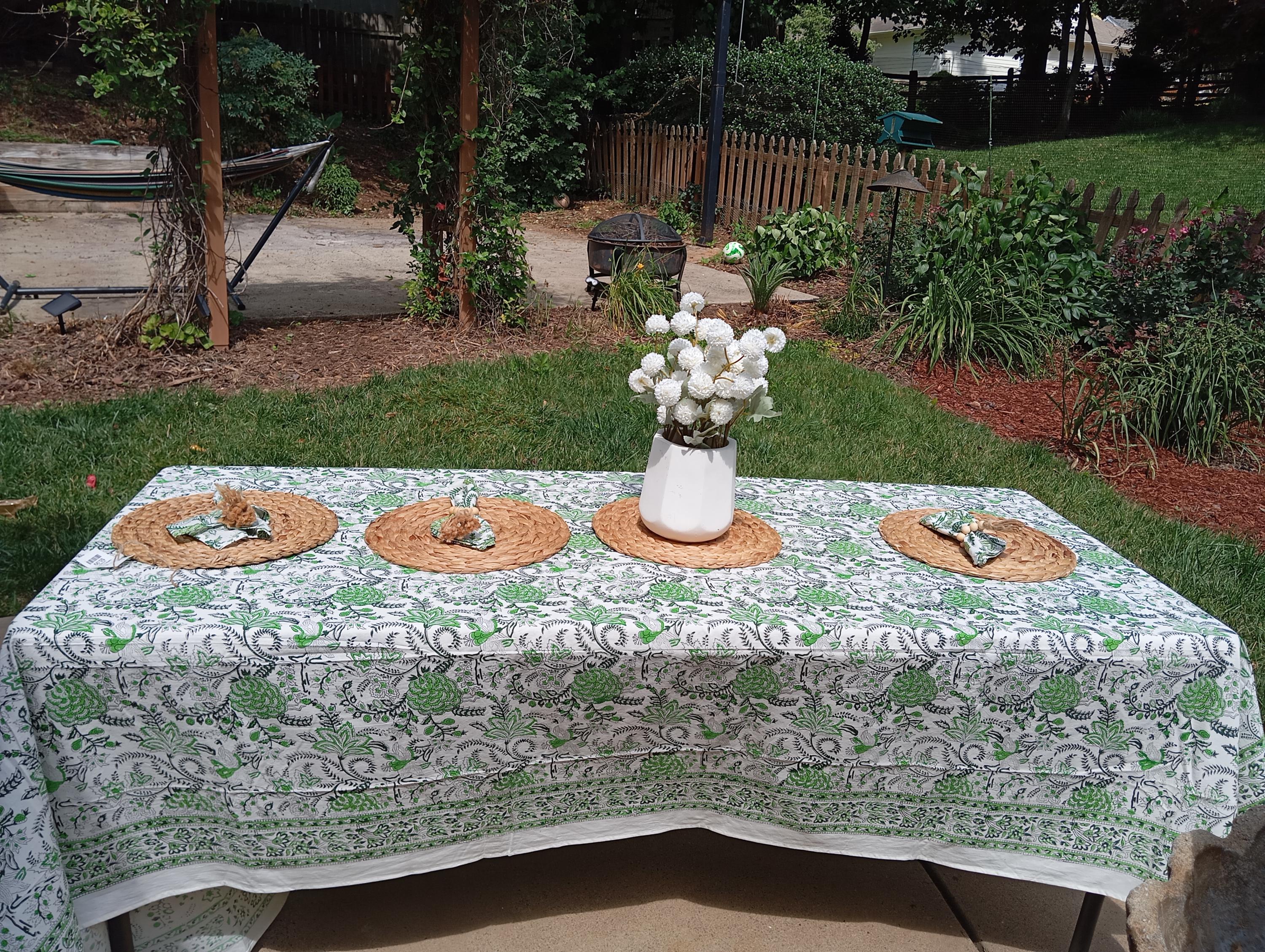 Sage Green Block Print Tablecloth: Handmade Cotton Table Linen (60x120")