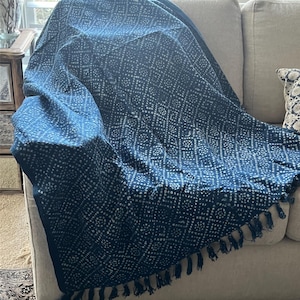 Blue Indigo Throw Blanket, Mud Cloth Throw for Couch, Indigo Throw Blanket with Tassels, Block Print Throw, Boho Home Decor, Gift for Her