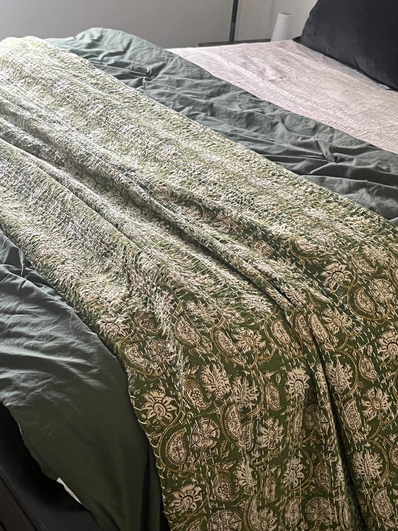 Floral Green Kantha Quilt – Hand Block Print Indian Cotton Bedding (King Size) image 3