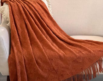 Soft Throw, Burnt Orange Knit Throw Blanket, Rustic Nordic Fringe