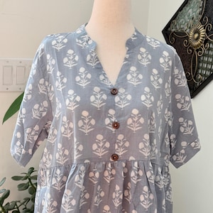 Gray and White Floral Dress With Pockets Fall Fashion Women Clothing - Hand Block Print Cotton Dress For Beach Vacation - Button Down Dress