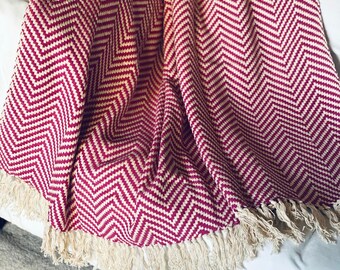 Pink Chevron Cotton Throw Blanket with Tassels