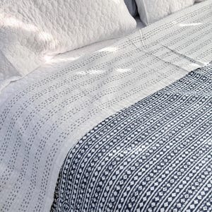 May include: White and navy blue patterned bedding set. The quilt features a striped design with dotted lines and a geometric pattern. The pillows are white with a quilted texture, creating a cozy and inviting aesthetic.