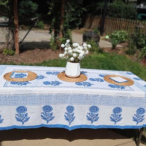 Blue And White Hand Block Print Tablecloth Best Porch Furnishings - Indian Cotton Tablecloths - Rectangular Kitchen-And-Dining Table Cover