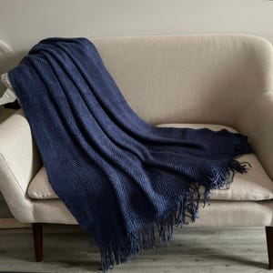 Chunky Knit Throw Blanket with Tassels – Cozy Couch Accent (50"x90") Navy Blue