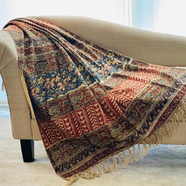 Hand Loomed Cotton Block Print Throw Blanket – Boho Ethnic Sofa Bed Cover