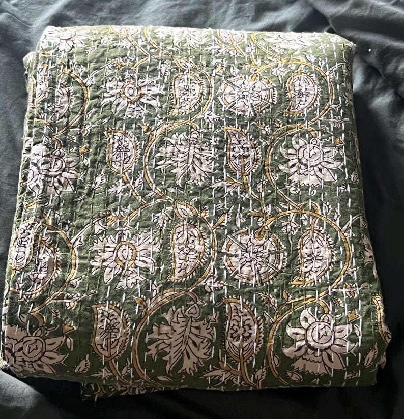 Floral Green Kantha Quilt – Hand Block Print Indian Cotton Bedding (King Size) image 4