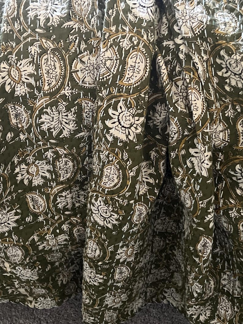 Floral Green Kantha Quilt – Hand Block Print Indian Cotton Bedding (King Size) image 8