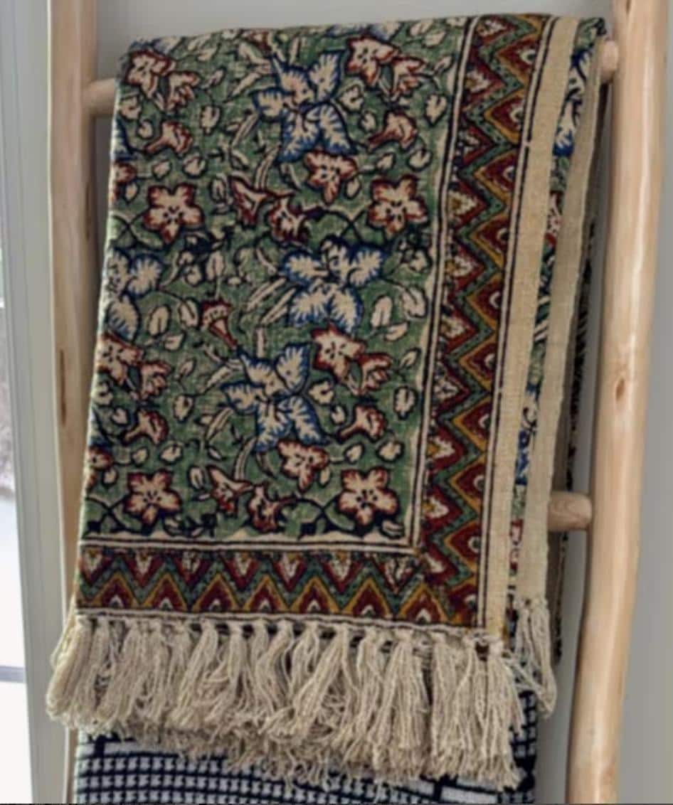 Moss Green Handmade  Floral Throw Blanket, Boho Farmhouse Home Decor