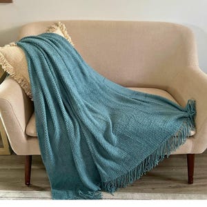 Chunky Knit Throw Blanket with Tassels – Cozy Couch Accent (50"x90") Dusty Blue