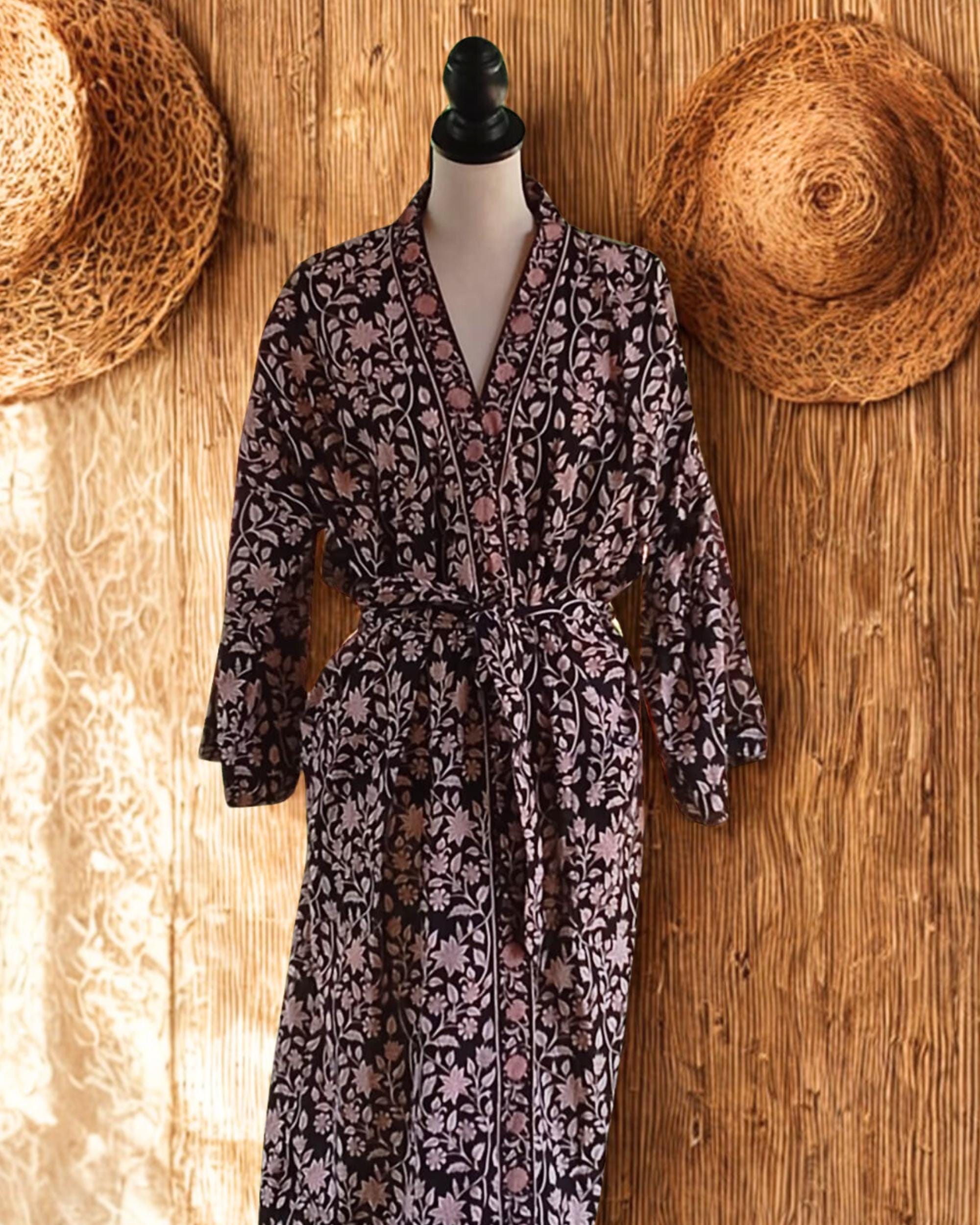 Block Print Robe Black Floral Block Print Dressing Gown, Maternity Wear, Cotton Kimono ...