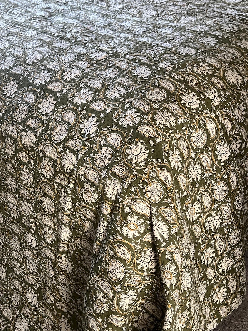 Floral Green Kantha Quilt – Hand Block Print Indian Cotton Bedding (King Size) image 9