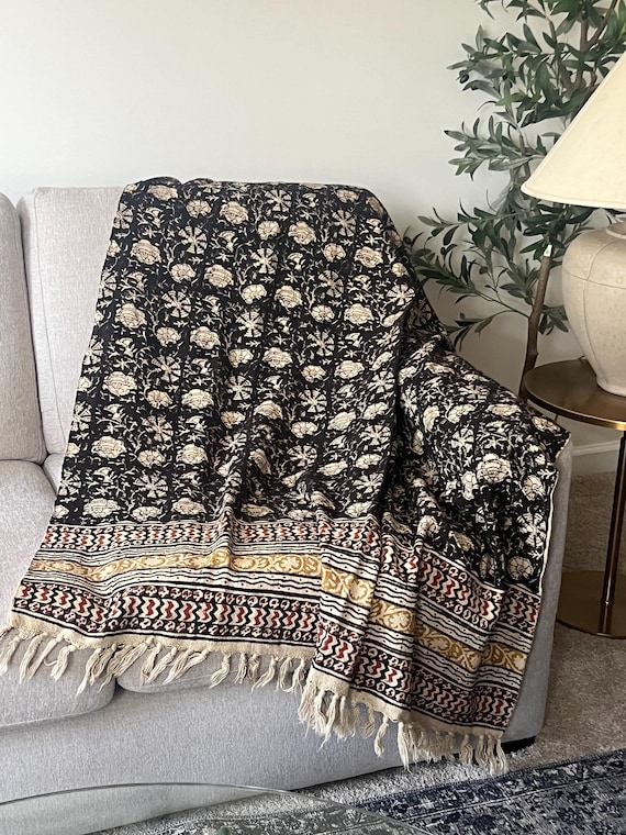 Hand Block Print Cotton Throw Blanket, Black Floral Boho Farmhouse Decor
