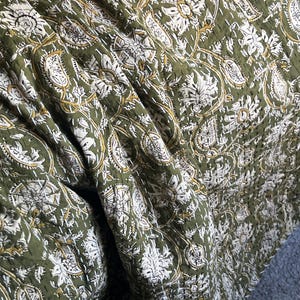 Floral Green Kantha Quilt – Hand Block Print Indian Cotton Bedding (King Size) image 5