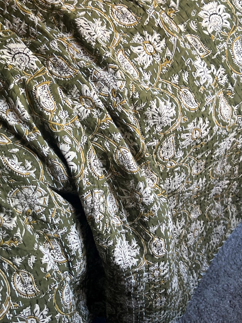 Floral Green Kantha Quilt – Hand Block Print Indian Cotton Bedding (King Size) image 5