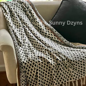 Black Hand Block Print Cotton Throw Blanket, Boho Floral with Tassels Black Hand Block Print Cotton Throw Blanket: Boho Floral with Tassels