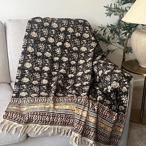 Hand Block Print Cotton Throw Blanket – Black Floral Boho Sofa Coverlet