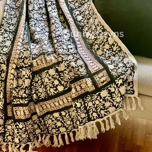 Hand Block Print Cotton Throw Blanket with Fringe – Modern Farmhouse Monochrome Sofa Bed Cover image 3