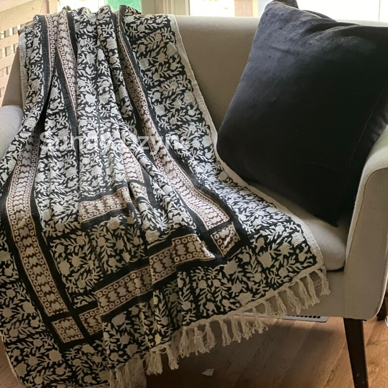 Hand Block Print Cotton Throw Blanket with Fringe – Modern Farmhouse Monochrome Sofa Bed Cover image 2