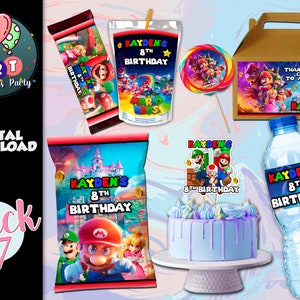 Super Mario Bros Package Printable - Chip Bag/Lollipop/Gable box/Juice Label/Bottle Label/Candy bar/Topper Cake- Mario Bros Birthday Party