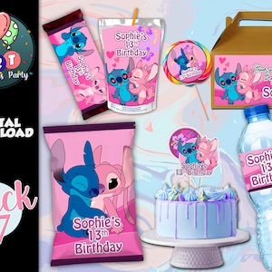 Stitch & angel Package Printable - Chip Bag/Lollipop/Gable box/Juice Label/Bottle Label/Candy bar/Topper Cake- Stitch and angel Birthday Party