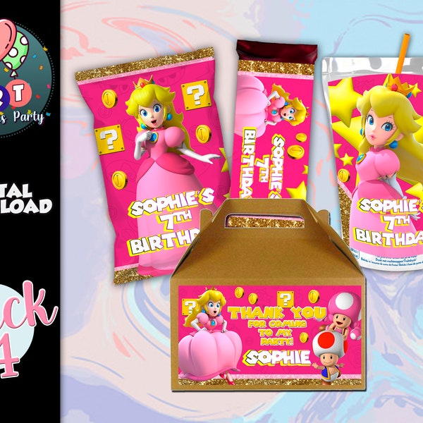 Princess Peach Package Printable - Chip Bag / Gable box / Juice Label / Candy bar- Peaches Mario Bros Party